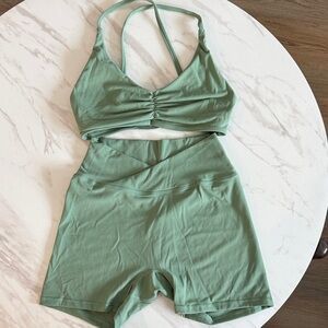 Kamo Fitness Sage Green Ruched Sports Bra & High-Waist Bike Shorts Set